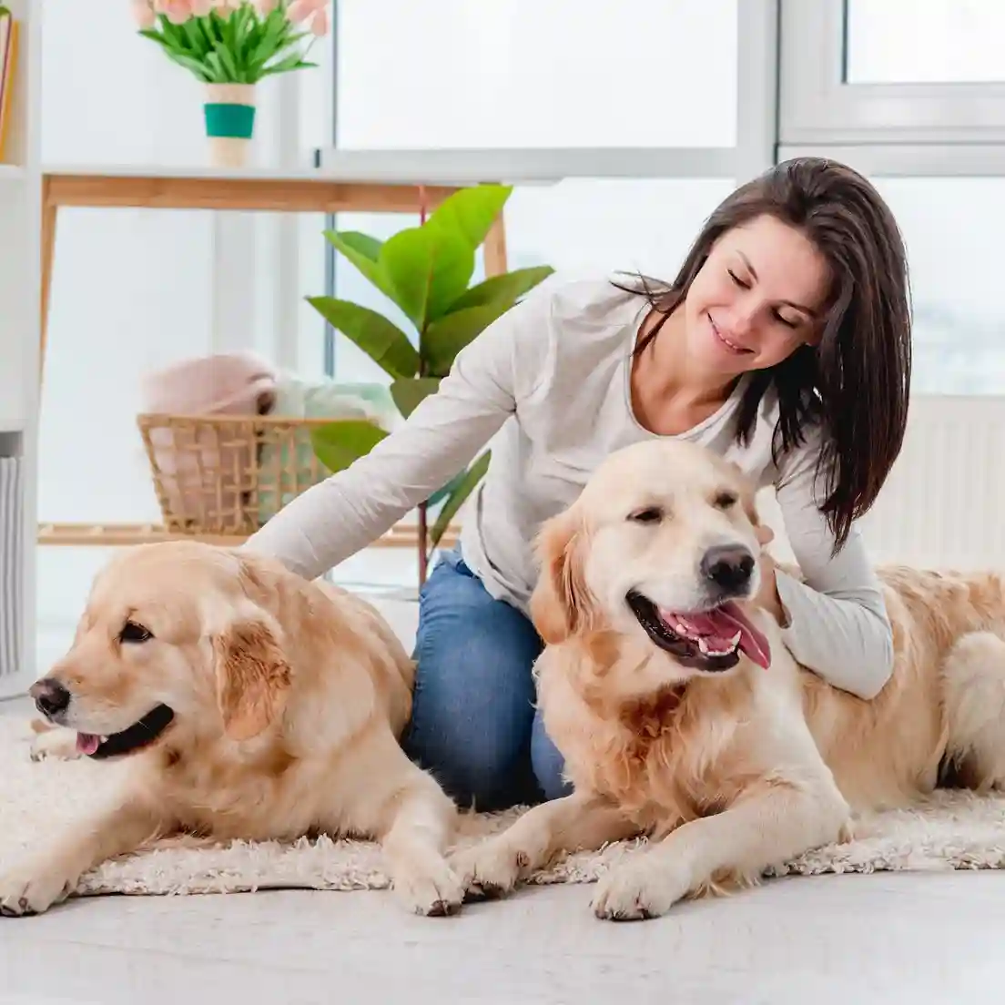 Woman sitting next to her dogs